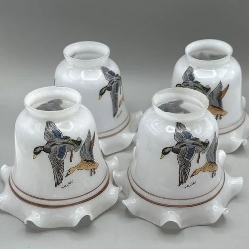 Vintage 5” Milk Glass Lamp Shade Mallard Duck Light fixture Set Of  Four
