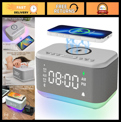 Wireless Charging Alarm Clock Speaker with Bluetooth, Dimmable RGB Night Light,