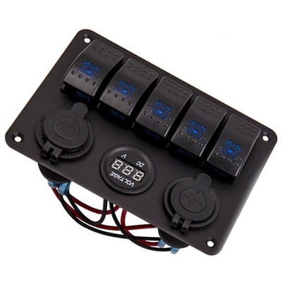 Quality 5 Gang On-Off LED Waterproof Circuit Rocker Toggle Switch Panel 2USB