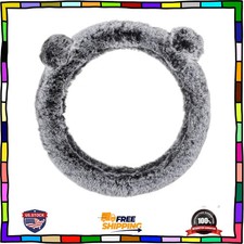 Gray Fluffy Pom Pom Steering Wheel Cover with Ears