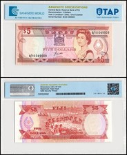Fiji 5 Dollars, 1991 ND, P-91a, UNC, Authenticated