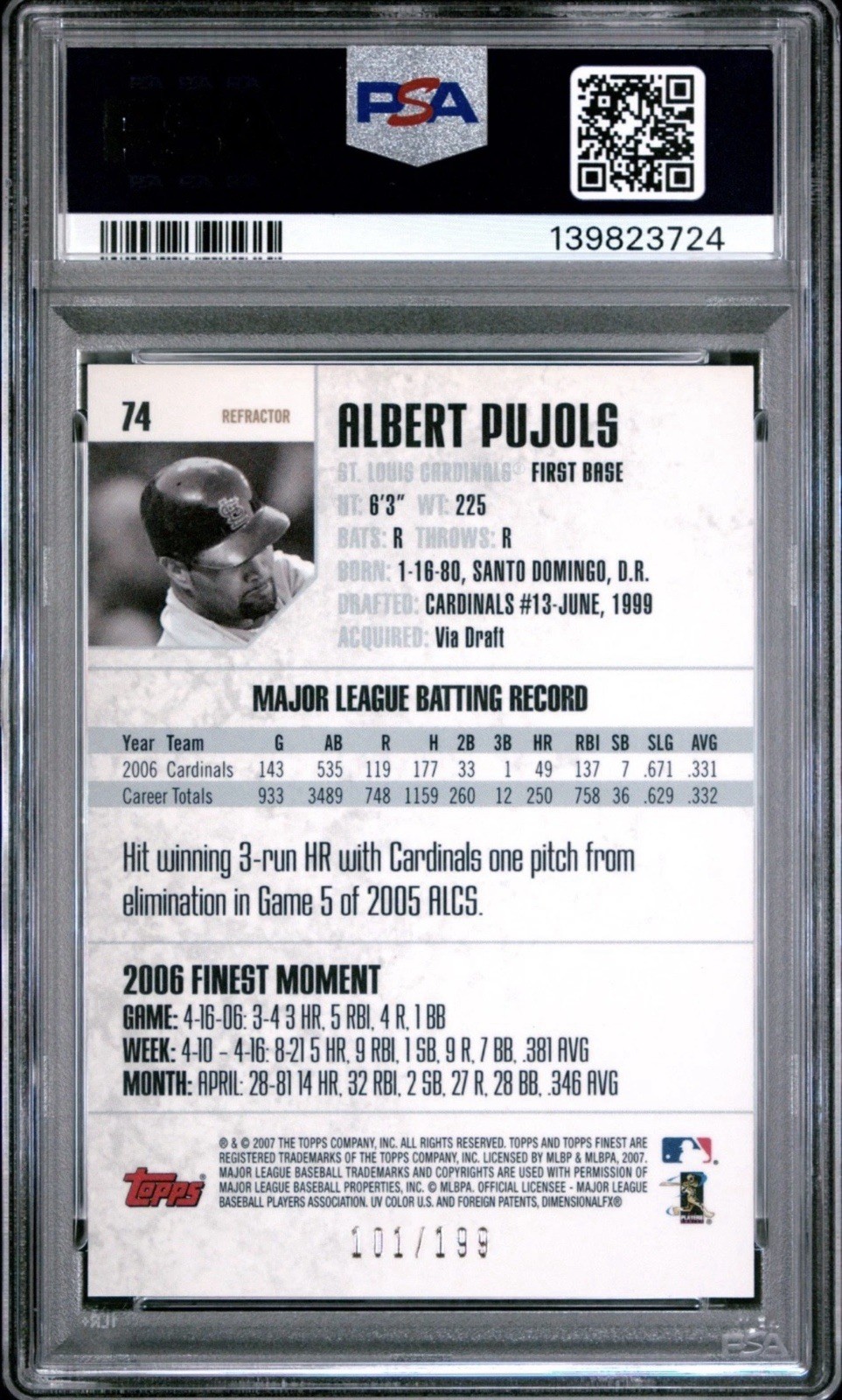 2007 Finest Albert Pujols Green Refractor /199 PSA 9 view 2