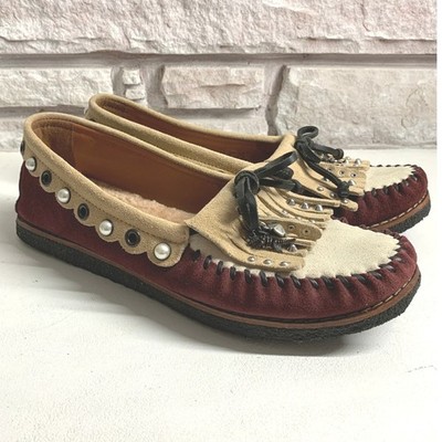 Coach Womens Suede Moccasins Rexy Charm Fringe Studs Burgundy 9B