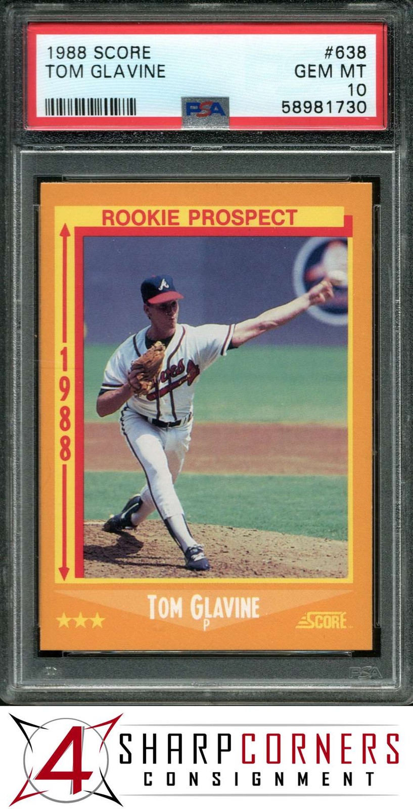 1988 SCORE #638 TOM GLAVINE RC BRAVES HOF ROOKIE PROSPECT PSA 10