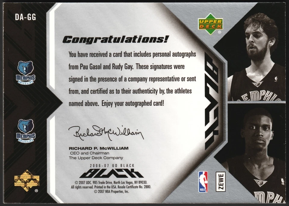Pau Gasol Rudy Gay 2006-07 UD Black Autographs Dual /25 Auto Grizzlies #DA-GG 🔥 - Image 2 of 2