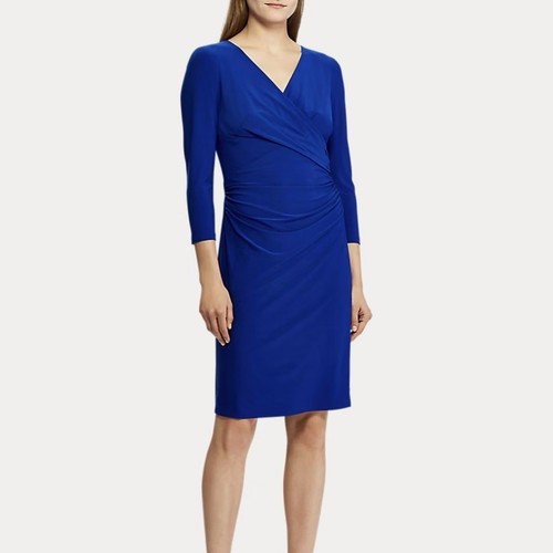 Ralph Lauren Royal Blue Side Ruched 3/4 Sleeve Stretch Sheath Dress Size 8