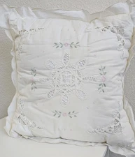 Sweet White & Pink Vtg Eyelet Embroidered 12x12 Pillow