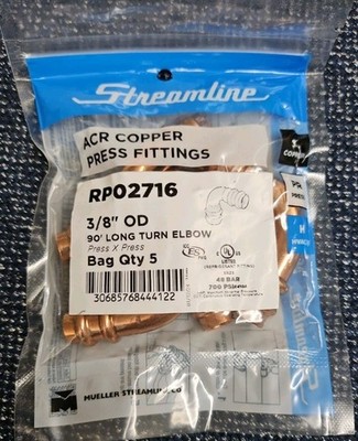 New (QTY. 5) Mueller Streamline RP02716 3/8'' ACR Copper Press Fittings 90° Elbow