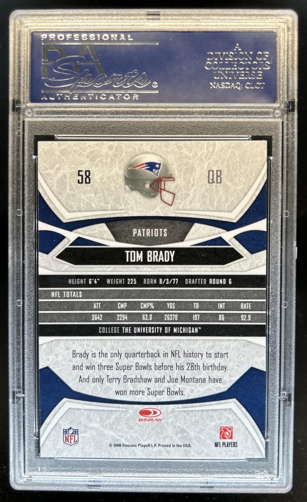 2008 Donruss Gridiron Gear Tom Brady #58 Patriots PSA 10 GEM MINT view 2
