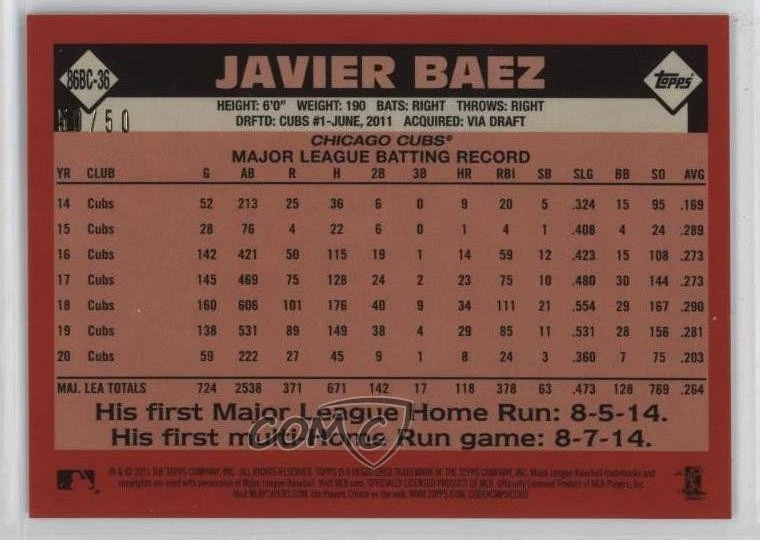2021 Topps Silver Pack 1986 Topps Chrome Baseball Gold /50 Javier Baez #86BC-36 - Image 2 of 2