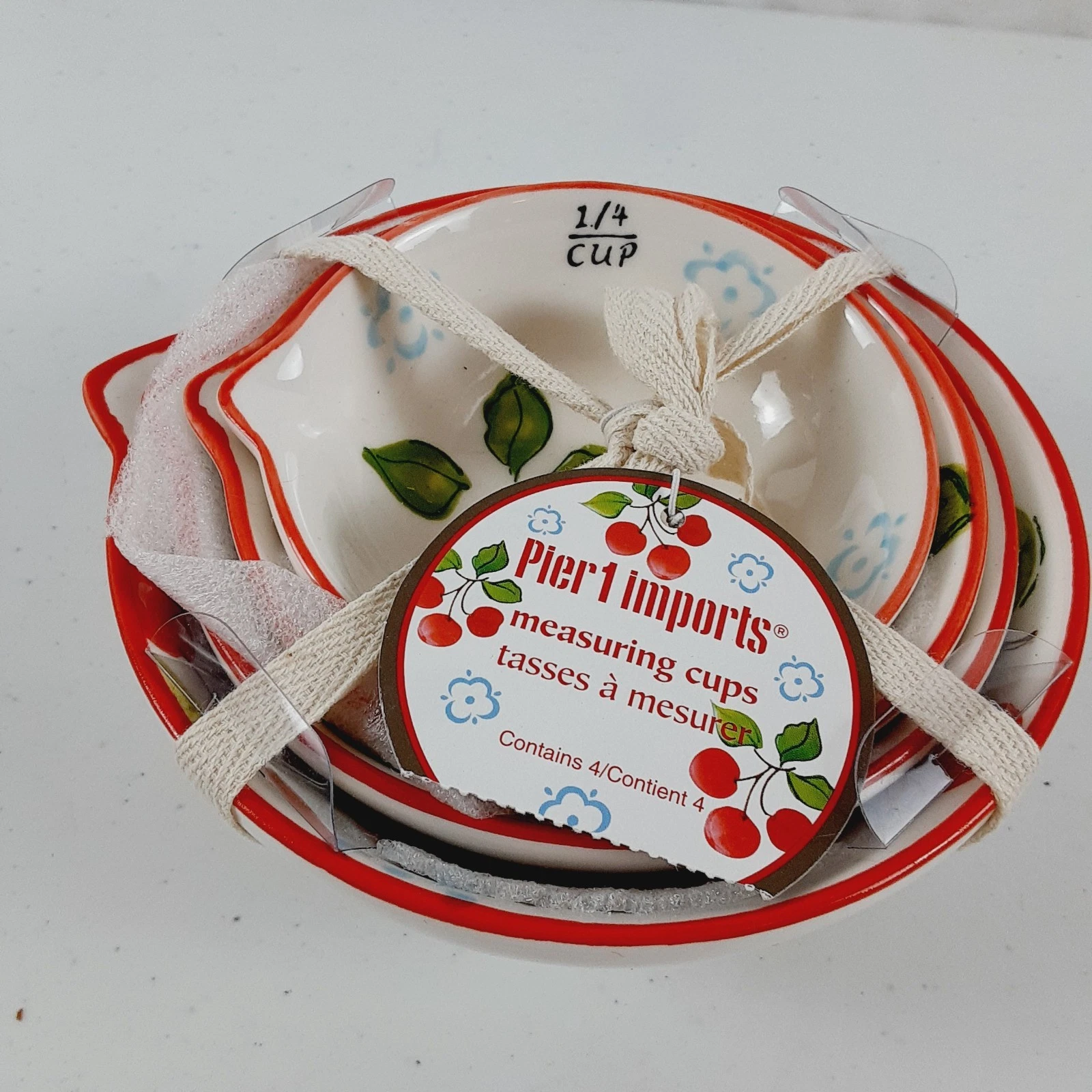 Pier 1 Imports Nesting Measuring Cups Set of 4 New Cherry Design Ceramic W/Spout