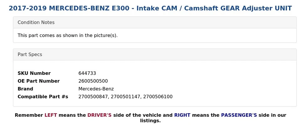Mercedes-Benz E300 2017-2019 - Cámara de admisión / árbol de levas unidad de ajuste de engranajes Foto 3 de 4