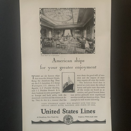 Anuncio publicitario vintage de 1928 United States Line American Ships - Imagen 2 de 2