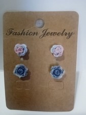 2 Pair Blue And Pink rose earrings