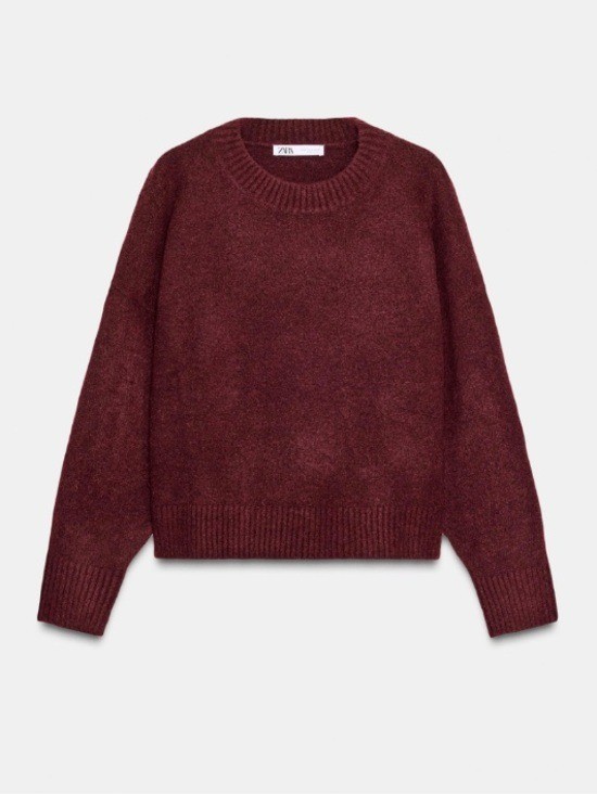 Zara Chunky Knit Oversized Slouchy Pullover Sweater Burgundy XS