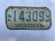 1972 1973 SHEBOYGAN WISCONSIN BICYCLE LICENSE PLATE SCHWINN BIKE WI 72 73 14309