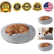 Calming Dog Bed Medium 31in Donut Washable Anti-Slip Faux Fur Round Bed Fits 45
