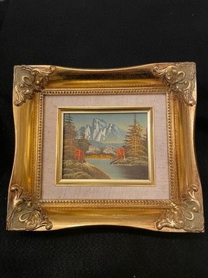 Mini Hand painted oil Landscape Linin Matting Gold Gilded Ornate Frame #3 1970's