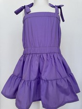 Kids Purple Fit Flare DressSquareNeckSmockedBowRuffleKnee Length.Size:4-6years