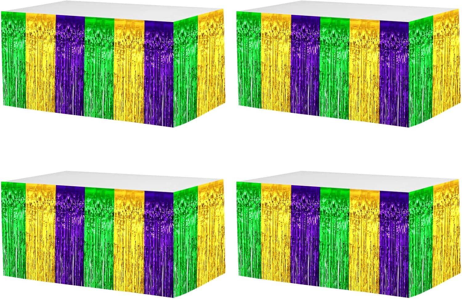 4 Pack 29X108 Inch Mardi Gras Metallic Foil Fringe Tinsel Table Skirts for Recta