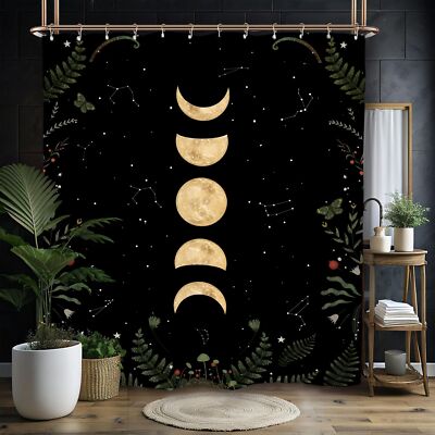 Moon Phase Night Shower Curtain 60x71'' Moonlit Gothic Witchy Plant with Hooks