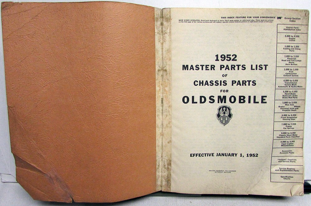 1952 Oldsmobile Dealer Chassis Parts Book Catalog Super 88 98