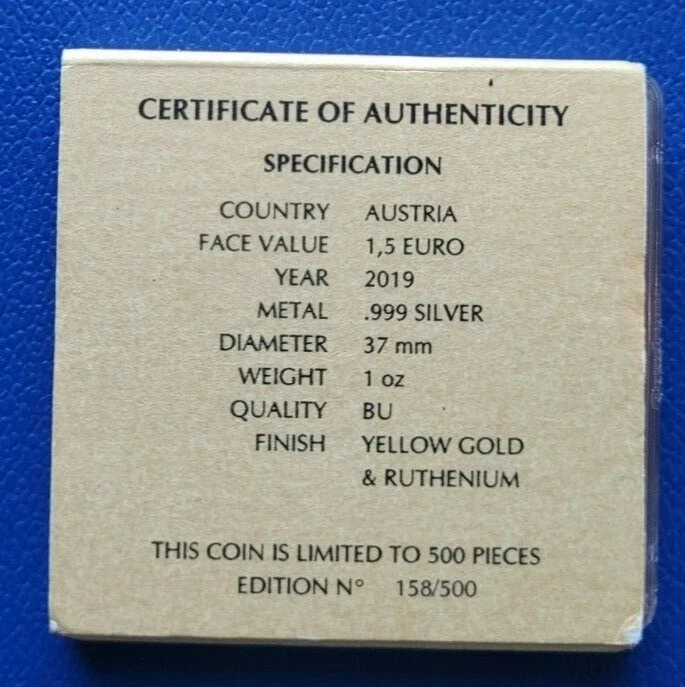2019 Golden ring Silver1 oz Austria Philharmonic 1.5 euro coin MINT 158 of 500 - Image 4 of 4