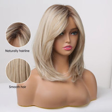 Layered Short Synthetic Blonde Highlights Wig for Women with Bangs Natural Daily