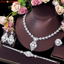 Wonderful Silver Plated CZ Pearl Drop Necklace Bracelet Ring 4pcs Jewellery Set 
