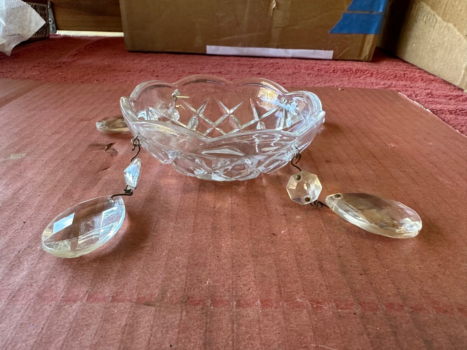 Vintage Crystal Chandelier Bobeche Drip Dish with 4 Tear Shaped Dangles Hole