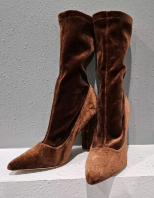 Womens 7M Velvet Rust Burnt Orange Booties Midcalf Sock Boots Block Heels  Point