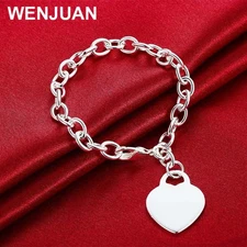 925 Sterling Silver Heart Pendant Thick Chain Bracelet Women Fashion Jewelry