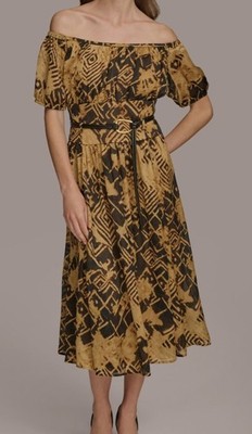 Donna Karan Women's Black Gold Off-the-Shoulder Chiffon MIDI Dress Size 10