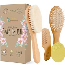 Baby Hair Brush and Comb Set for Newborn Wooden 4 Piece Soft Goat Hair Bristl...