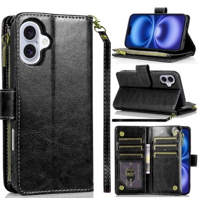 For iPhone 17 Case Luxury PU Leather Phone Wallet with Zipper + Tempered Glass