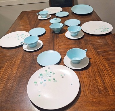  Melamine Dinnerware Set Turquoise Blue Atomic Floral MCM