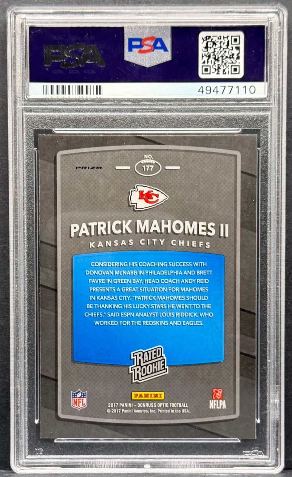2017 Donruss Optic Rated Rookie Patrick Mahomes II #177 Pink Prizm RC PSA 10 GEM view 2