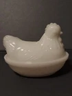 Vintage Hazel Atlas 4” White Milk Glass Hen on Nest Covered Trinket Dish Bowl