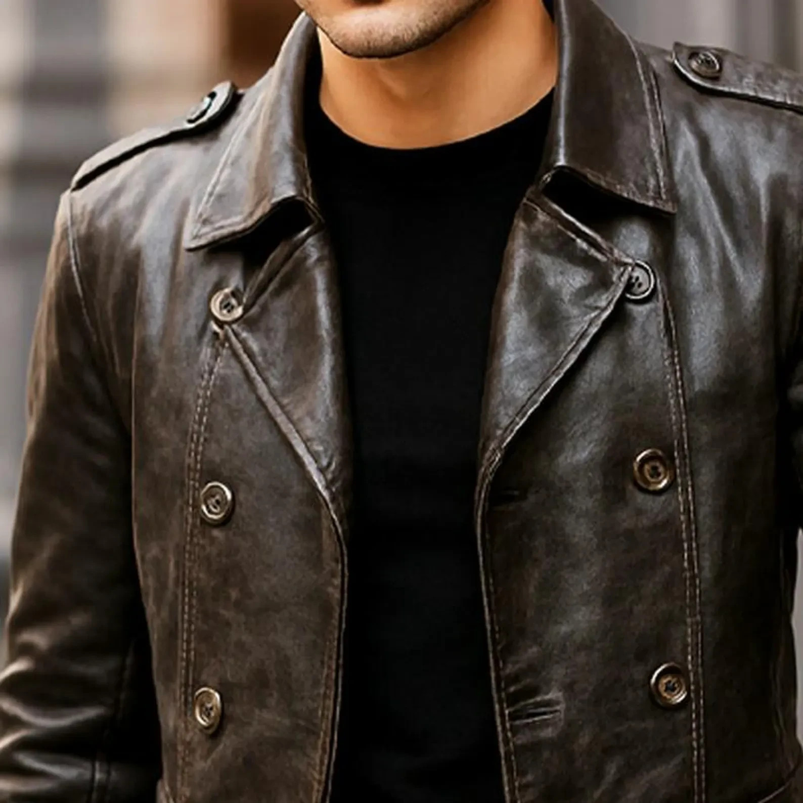 Men’s Vintage Genuine Sheepskin Leather Double-Breasted Short Coat Brown