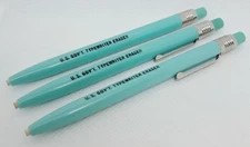 3 Scripto Aqua Blue U.S. Gov't Typewriter Twist Pen/Pencil Shaped Erasers NOS