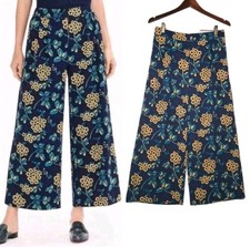 J. Crew Woman's Size 6 Trendy Navy/Gold Floral Cropped Wide Leg Pants Elastic W