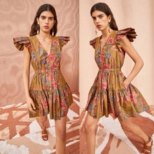 ULLA JOHNSON Loretta Floral Ruffle Mini Dress Sz 2 Bamboo V-Neck A-Line Tiered