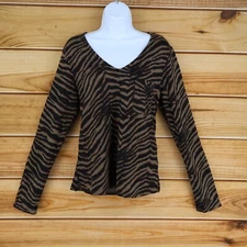 Sanctuary Long Sleeve Knit Top Womens M Brown Animal Print Stretch V-Neck Soft