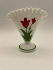 Fenton Milk Glass Vase White Red Tulip Fan Shaped Ruffled Edge 6”