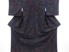7012444: JAPANESE KIMONO / VINTAGE KIMONO / TSUMUGI / WOVEN FLOWER ARABESQUE