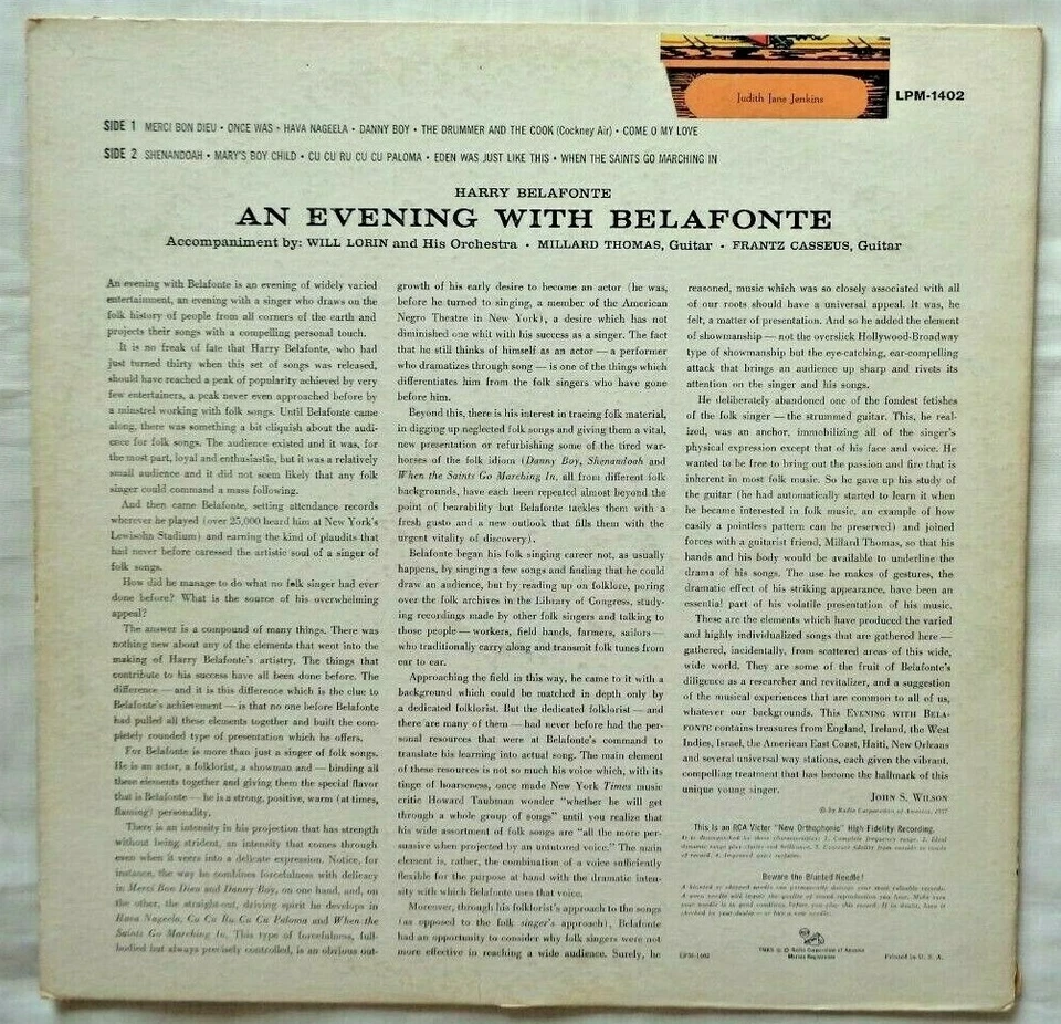 Harry Belafonte: An Evening With Belafonte 1957 LPM-1402 Indianapolis Press VG - Image 2 of 4
