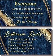 2 Pieces Blue Gold Bathroom Decor Rules Wall Art 