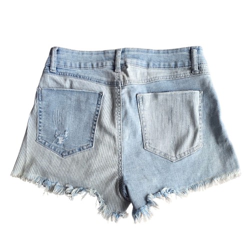 REWASH Light Wash Railroad Stripe Patchwork High Waisted Denim Jean Shorts 5 27 - Picture 2 of 4