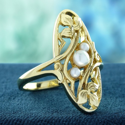 9K Yellow Gold Natural Triple Pearl Vintage Style Cocktail Ring - Picture 3 of 8