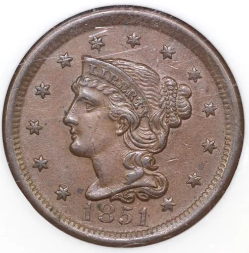 1851 1c Braided Hair Large Cent NGC MS 62